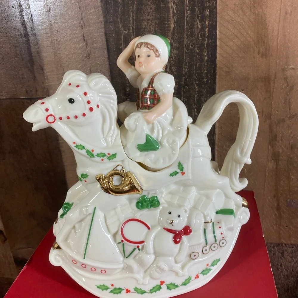 Lenox For the Holidays Elf & Rocking Horse Teapot Santa's Toy Shop W/ Box Retire